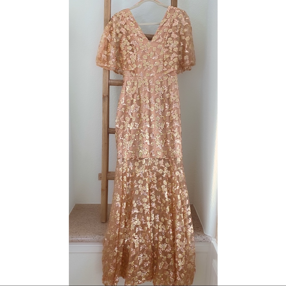 Gold/Nude Lourdes Sequin Lace Cape Sleeve Gown